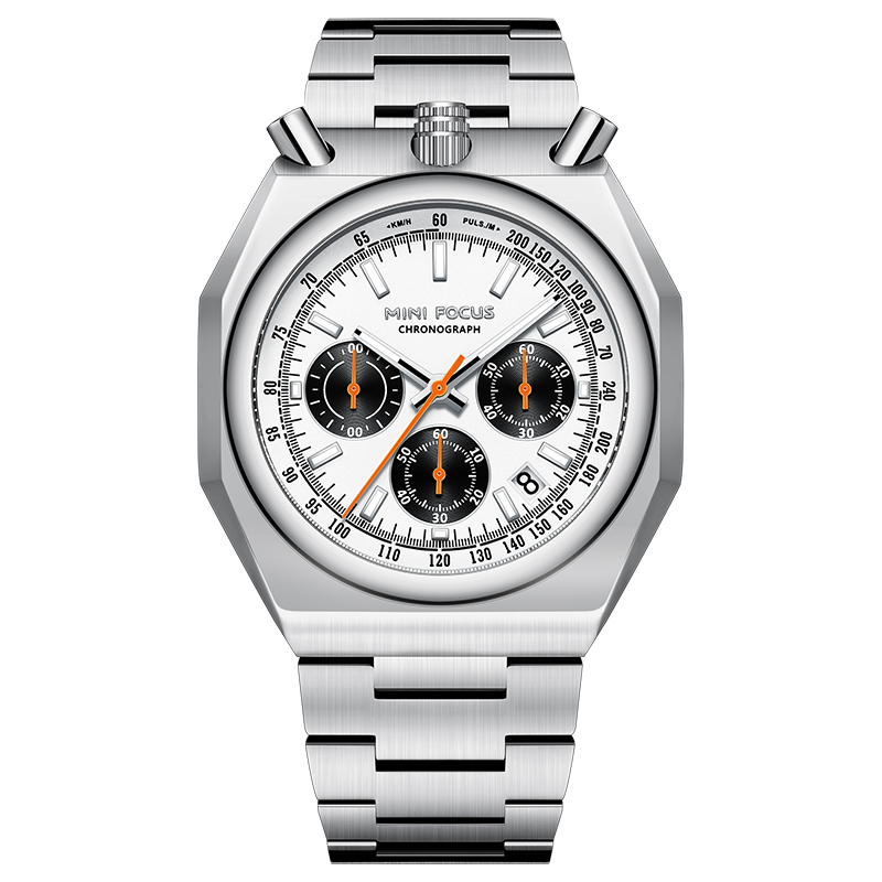 MINI FOCUS MF0601G Luxury Men Quartz Watch Waterproof Chronograph Stainless Steel Band Luminous Hands Classic Wristwatch: WHITE