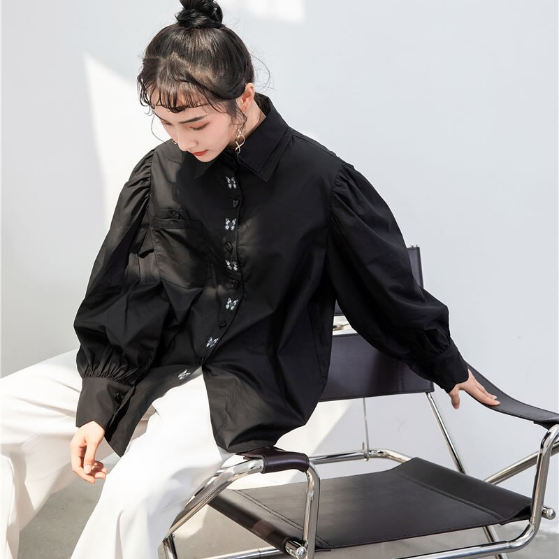 XITAO-Blusa holgada de otoño para mujer, camisa negra con bordado de mariposa, de talla grande, XJ4984