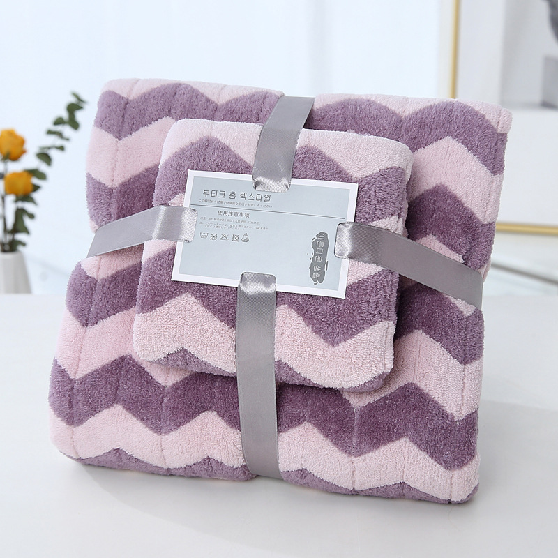 Coral Fleece Cation Face Towel + Bath Towel Set Thick Absorbent Bathroom Towels For Swimming Travel Sports Towel Set: Purple 2