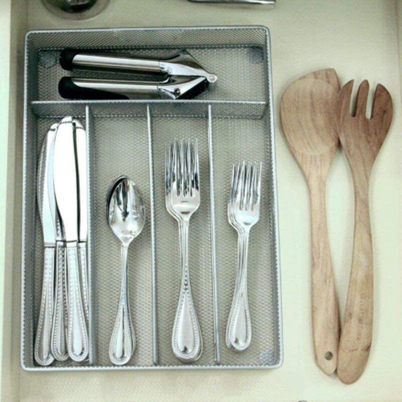 ! 5 Grid Small Mesh Tray with Foam Feet - Kitchen Finishing / Silver Storage Kitchen Utensils Tray