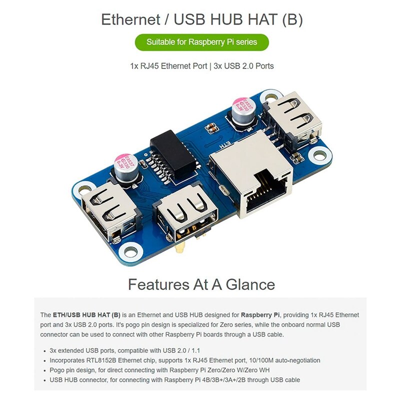 Ethernet/Usb Hub Hoed (B) voor Raspberry Pi 4B/3B +/3A +/2B/Zero/Zero Met Nul Wh, met 1X RJ45 Ethernet Poort
