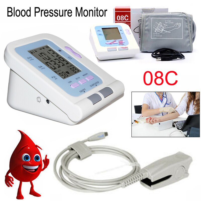 CONTEC08C Blood Pressure Monitor Upper Arm Electronic Sphygmomanometer Adult Cuff Oscillometry+Digital Integrative SpO2 Probe