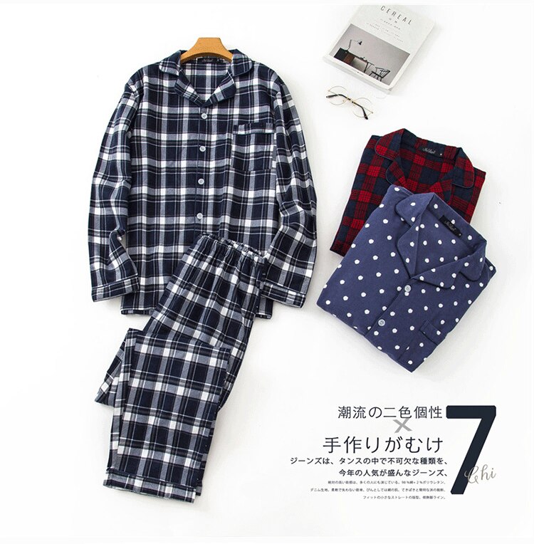 Mens Cotton Pajamas Set Plaid and Dot Print Long-sleeved Pajamas Suit Flannel Sleepwear Set Loungewear for Male Men Homewear