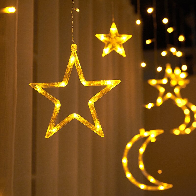 Cortina de luces LED de luna y estrella, guirnaldas navideñas de hadas con enchufe europeo de 220V, decoración al aire libre, Festival de vacaciones, cadena de luces parpadeantes