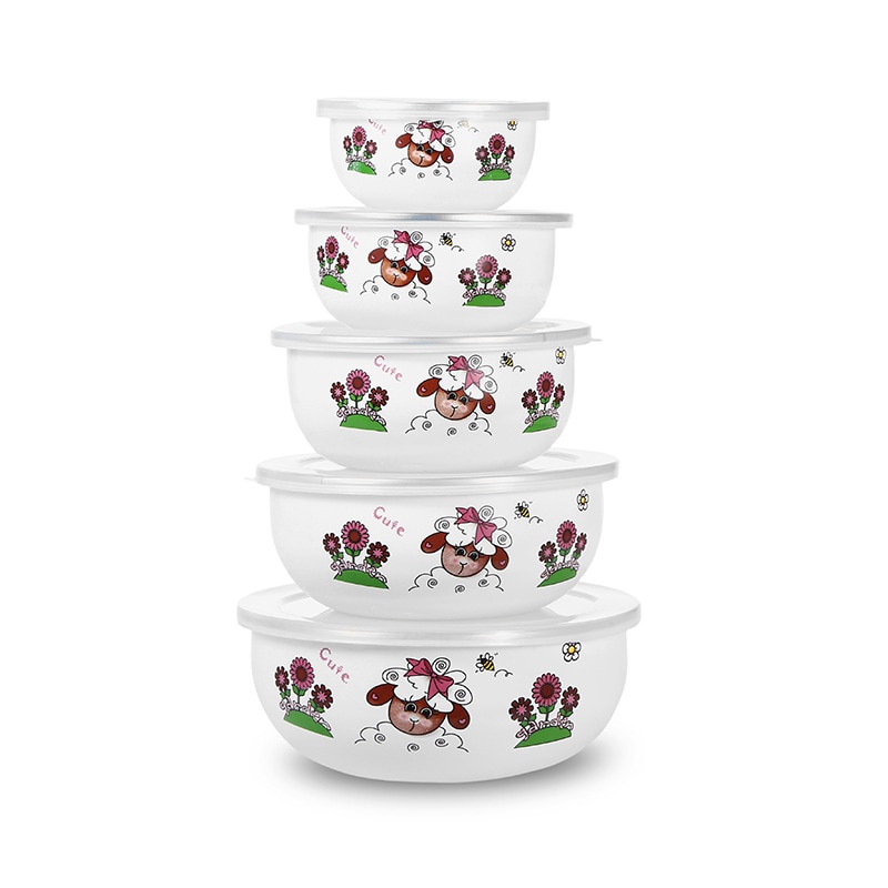 5 Pcs Emaille Ijs Kom Mixing Bowls Met Afdichting Deksel Emaille Kommen Pak Set Behoud Set Ice Box Mini Rijst kom 10-18 Cm Emaye