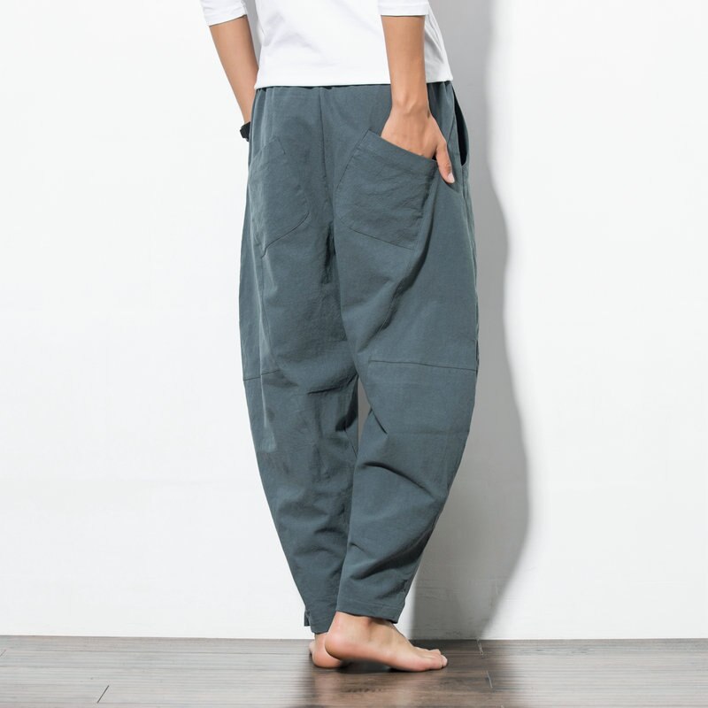 , pantalones Harem de imitación de lino para hombre, pantalones sueltos de hip hop para hombre, pantalones cruzados de piernas anchas para hombre, pantalones negros para hombre 5XL