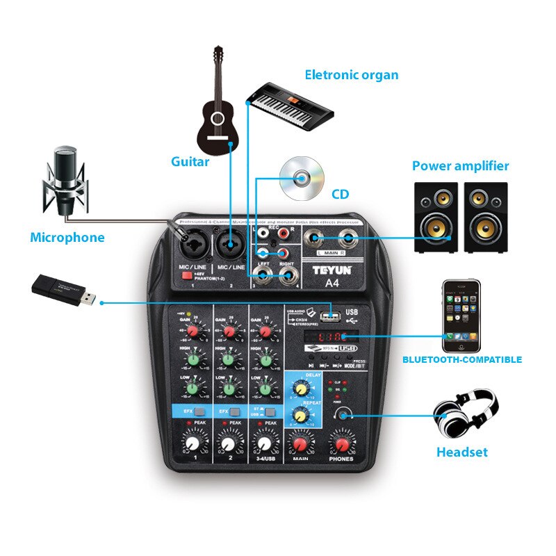 TEYUN A4 Console di missaggio Audio Bluetooth USB Record Computer 48V Phantom ritardo di alimentazione effetto di riproduzione 4 canali Mixer Audio USB