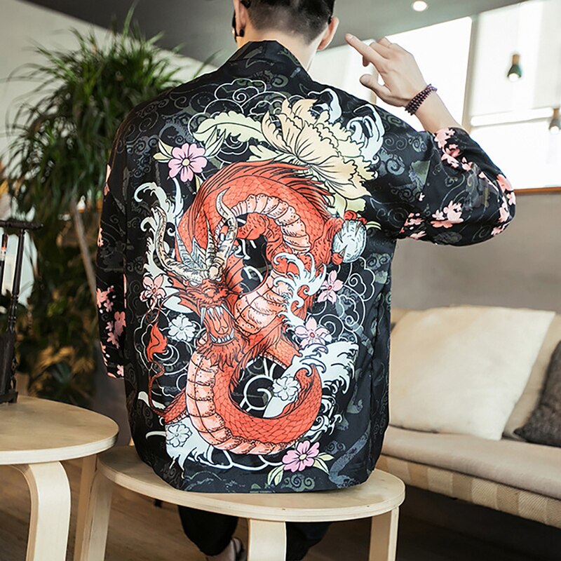 Chemise chinoise à imprimé Floral Dragon pour hommes, vêtements traditionnels chinois, Cardigan asiatique, Costume de fête rétro, Plus Tangsuit: Dragon / L