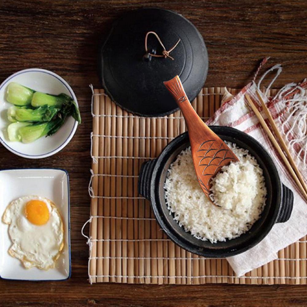 Kitchen Wooden Rice Serving Spoon Wood Rice Paddle Spatula Cute Fish Rice Spoon Scoop Potato Meal Server Cooking Tools
