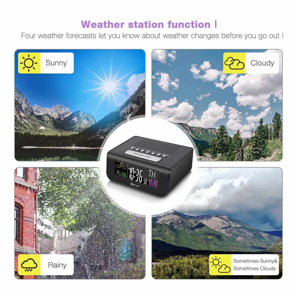 Digoo DG-FR100 Color Wireless FM Radio Clock Digital Snooze Dual-Alarm Clock Weather Forecast Calendar Temperature Humidity