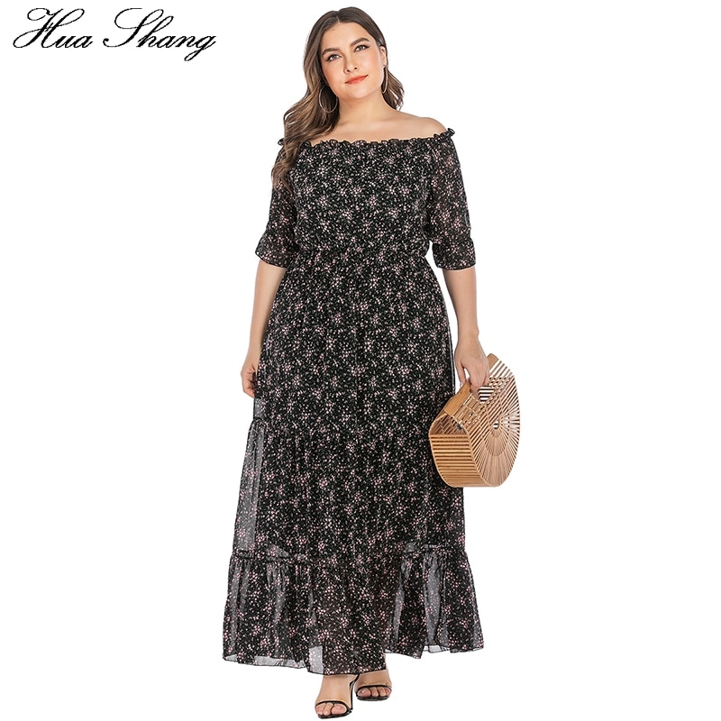Off Shoulder Jurk Plus Size Zomer Vrouwen Slash Hals Bloemenprint Ruches Chiffon Boho Jurk Maxi Lange Tuniek Strand jurken