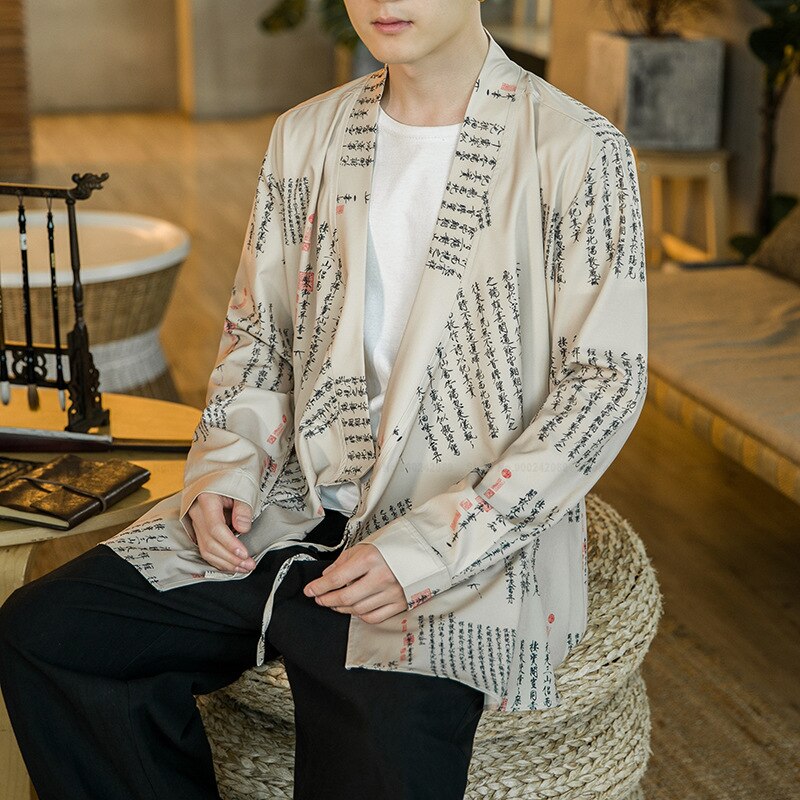 Tops con palabras de poetría china de estilo tradicional para hombres, cárdigan informal suelto con estampado Hanfu, camisas de Oriental, ropa de calle