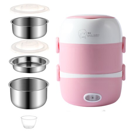 DMWD Electric Mini rice cooker 2/3 layers stainless steel liner portable egg boiler steamer food warmer lunch box multicooker 2L: Three layers pink / 220V
