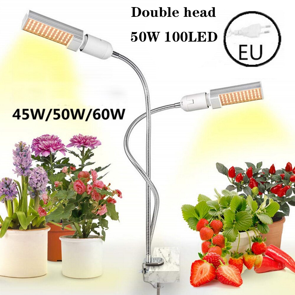 Led kweeklamp volledig spectrum 45w dubbele 50w flexibele led plantenzonlicht met intensiteit 60w e27 kasbloemen fytotherapie: 50w eu-set