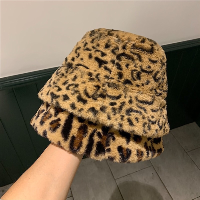 Korea Herfst Winter Vintage Luipaard Pluche Emmer Cap Japanse Zoete En Mooie Visser Hoed Warme Gewatteerde Bekken Cap 56 -58 Cm