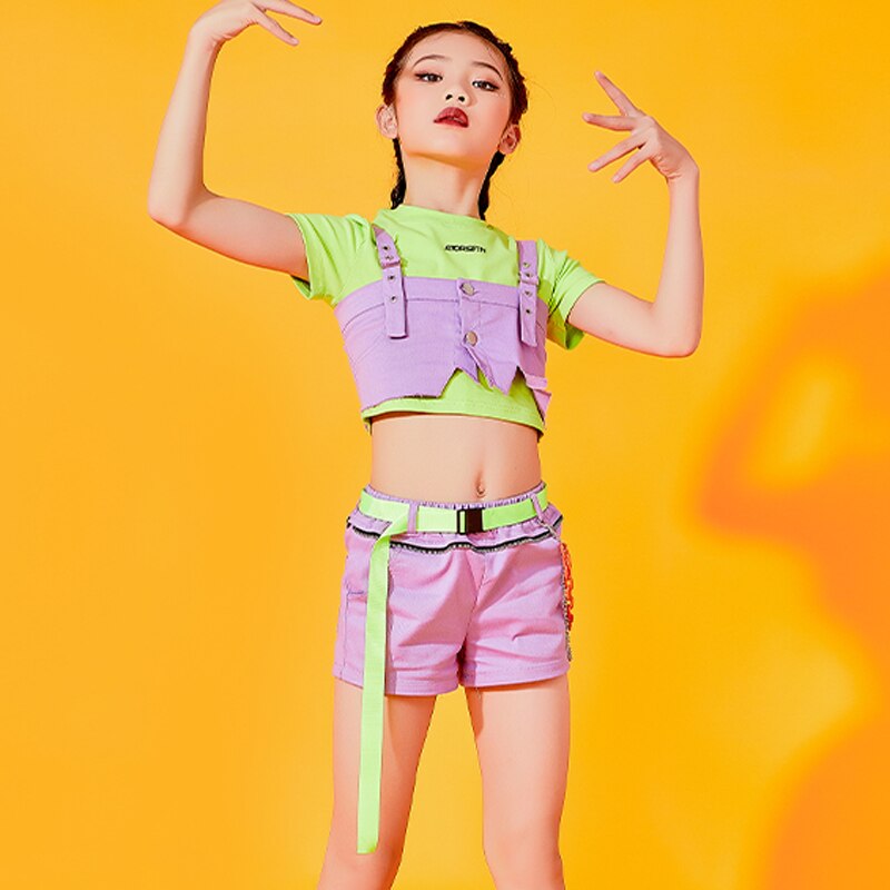 Ropa de baile de Jazz para niñas, Tops, pantalones cortos de manga corta, traje de Hip-Hop, urbana moderna, puesta en escena, DNV14771, nueva