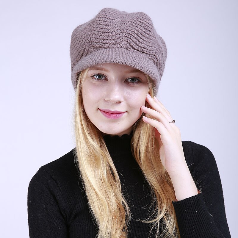 Autumn Winter Brim Wool Hat Solid Color Soft Beanie Female Women Warm Fleece Inside Knitted Visors Cap