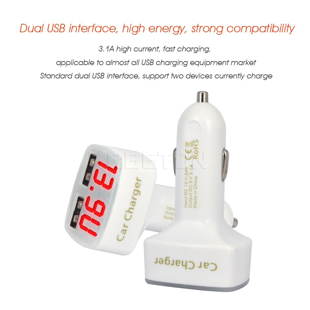 Universal 4 in 1 Car Charger Dual USB DC 5V 3.1A Adapter With Voltage/temperature/Current Meter Tester Digital LED Display