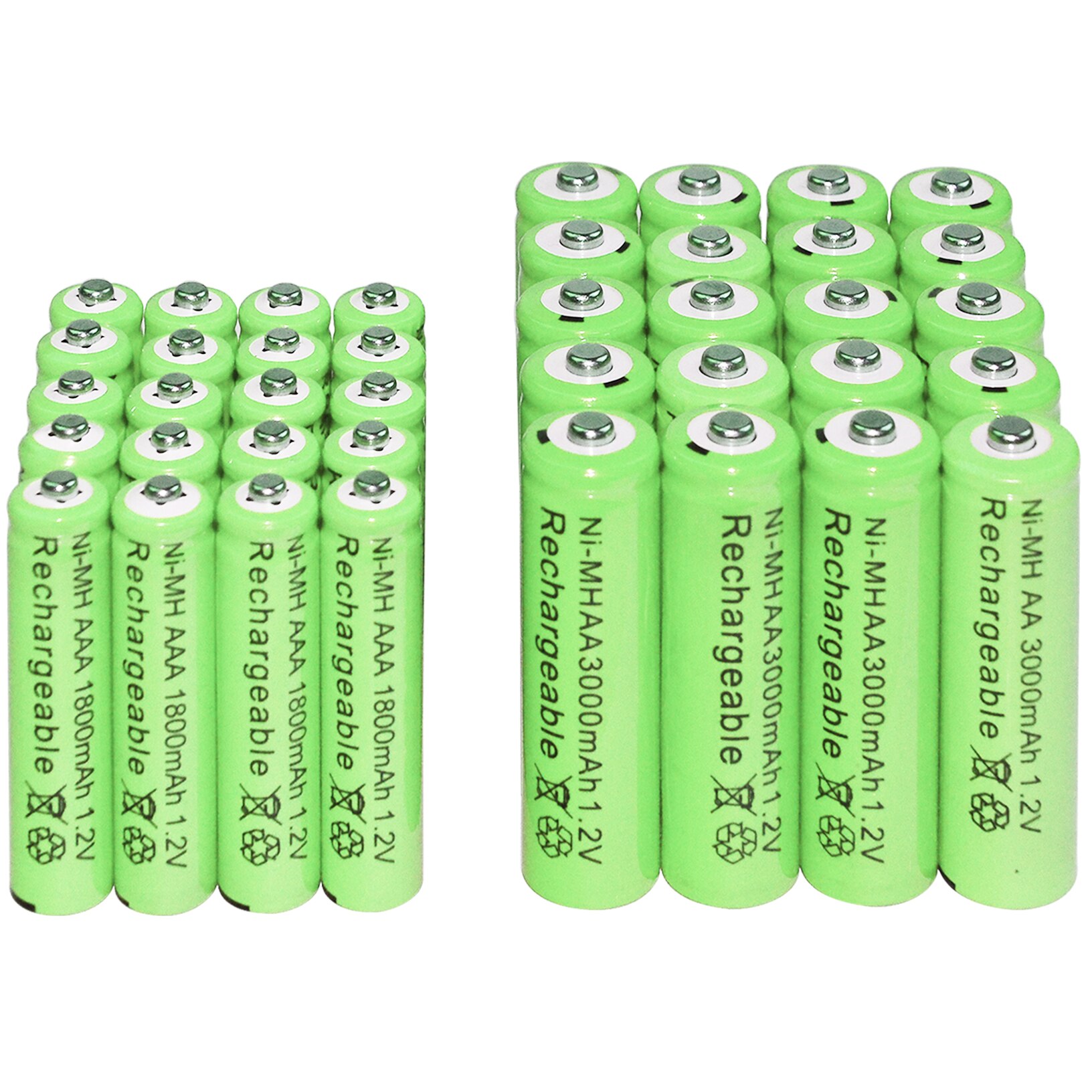 2/6/12/16/20/24/30 stk aaa 1800 mah  + aa 3000 mah 1.2v ni-mh aa genopladelige batterier grøn