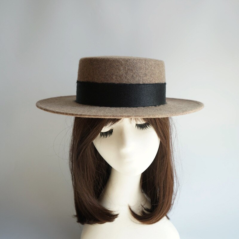 Brown colorblock jazz top hat men and women flat winter wool felt hat: picture 2