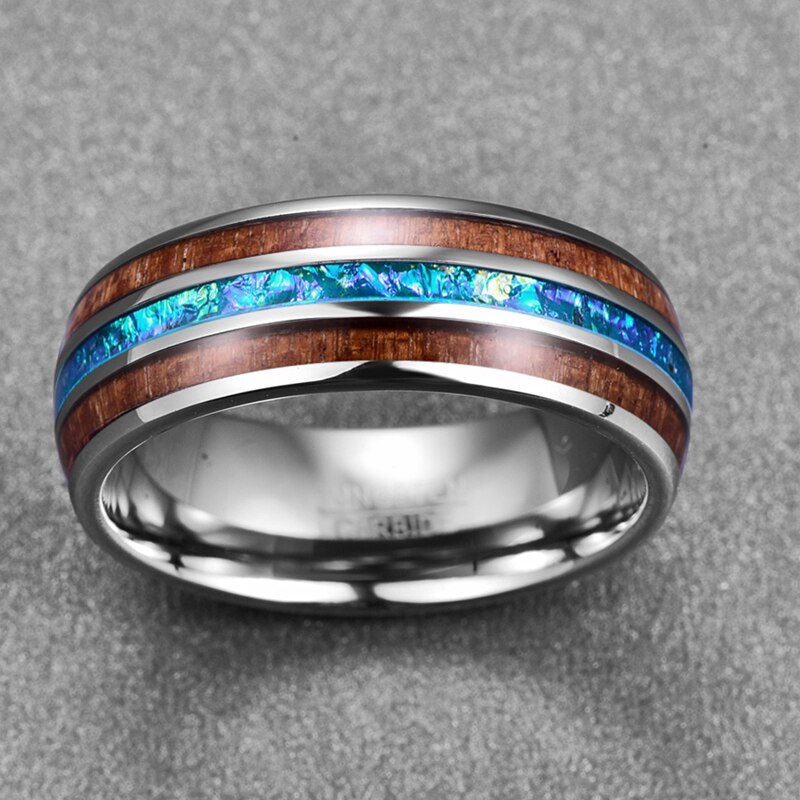 8mm Classic Hawaiian Koa Wood Colorful Opal Tungsten Carbide Ring Jewelry Dome Polished Men&#39;s Wedding Bands Rings