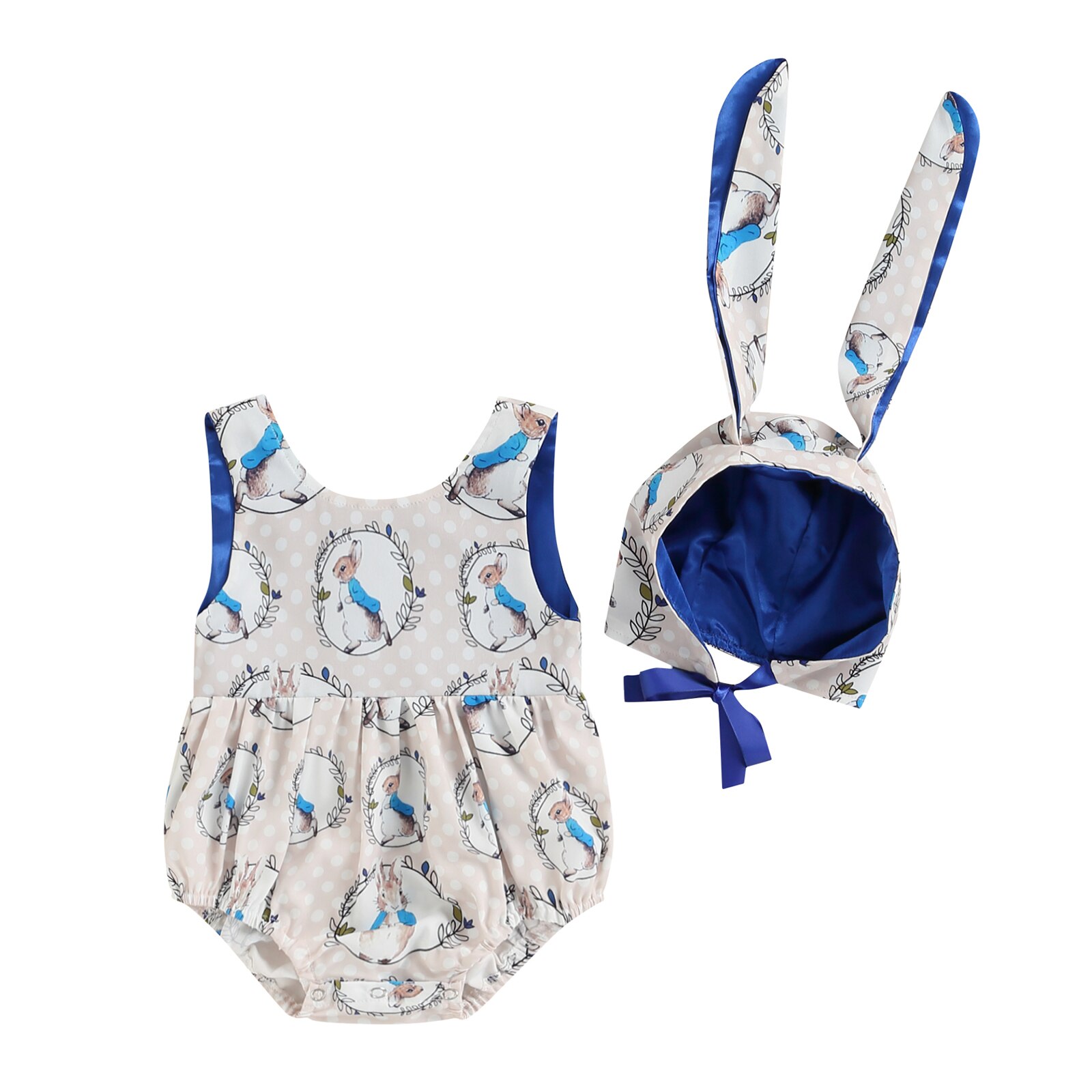 Neugeborene Jungen Mädchen Ostern Outfit einstellen Kaninchen Druck ärmellos Spielanzug Kaninchen Ohr Hütte Kostüm: Blau / 6m