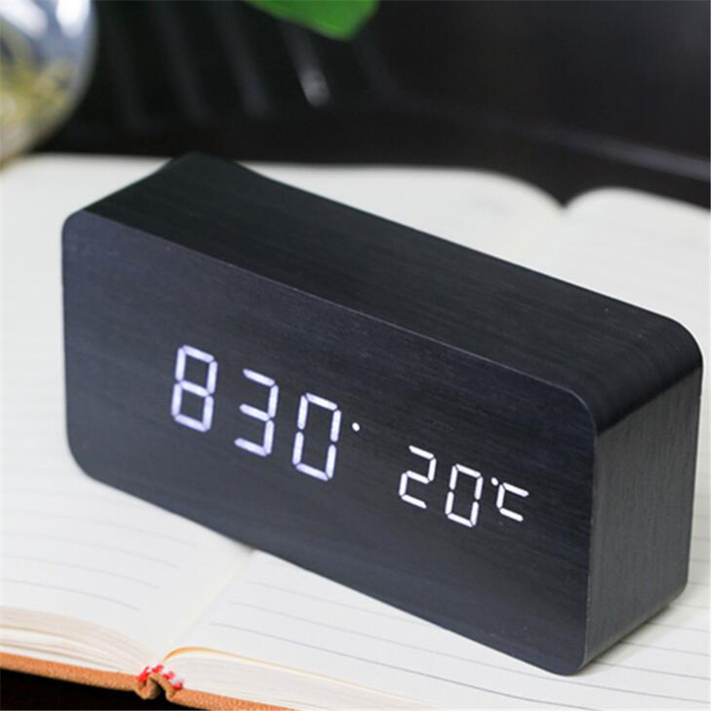 Moderne digitalt led vækkeur lydkontrol træ despertador desktop ur fugtighed temperatur display: 4