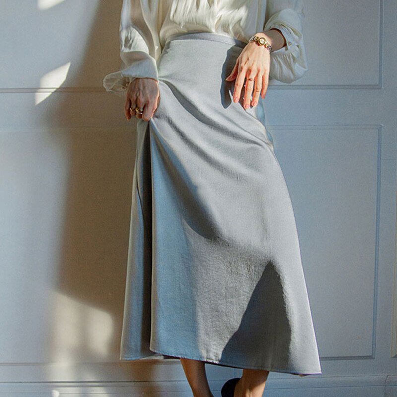 Sportkleding Hoge Waisted Rokken Voor Vrouwen Zijde Satijn Rok A-lijn Rokken Dames Midi Rok Franse Stijl