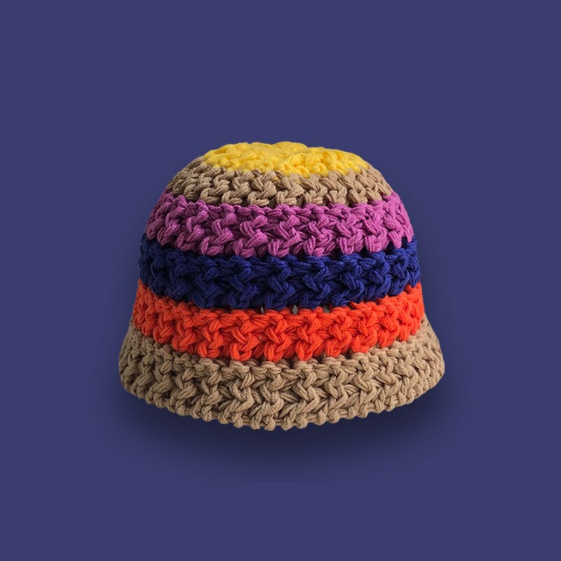 2022 Zomer Mode Regenboog Gestreepte Pot Hoed Japanse Bell-Vormige Hoeden Vrouwen Gehaakte Outdoor Opvouwbare Strand Cap Zomer Gorras
