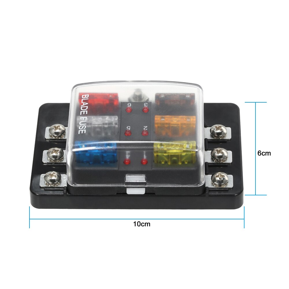 12V 24V 6 Way Plastic Cover Blade Fuse Box Holder M5 Stud with LED Indicator Fuse Block Accessories for Car Boat Marine Caravan