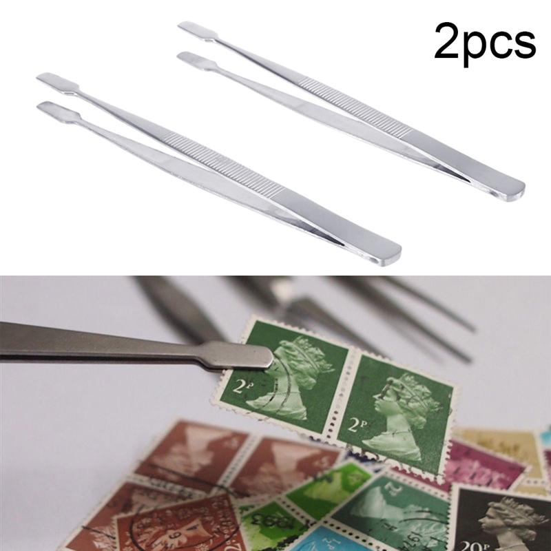 Pinzas de sello de acero inoxidable, herramientas de recolección de sellos filately, plata, 2 piezas