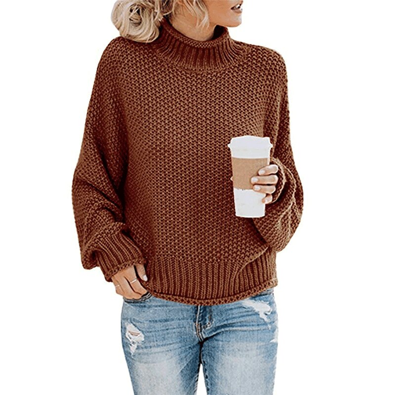 Knitted Turtleneck Warm Women's Sweater Autumn Long Lantern Sleeve Female Sweaters Winter Casual Solid Ladies Pullover: Brick red