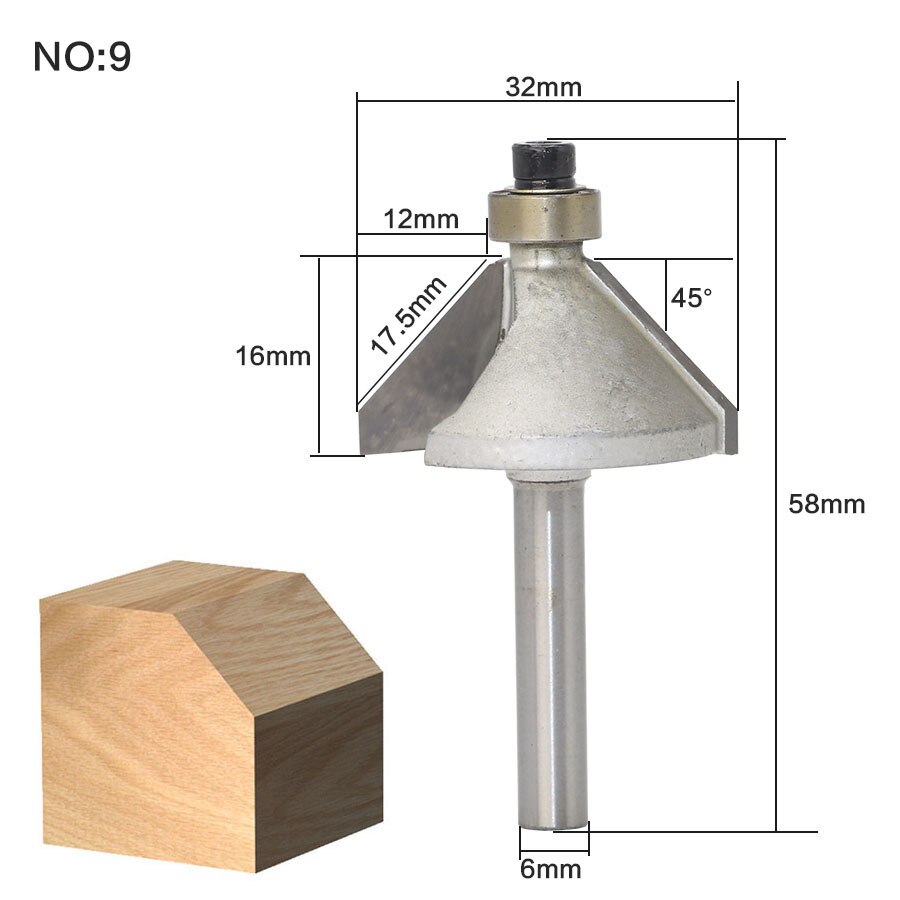 1 stk/sæt rundbor med leje 6mm skaft svalehalefræser bit fræser træbearbejdning: No9