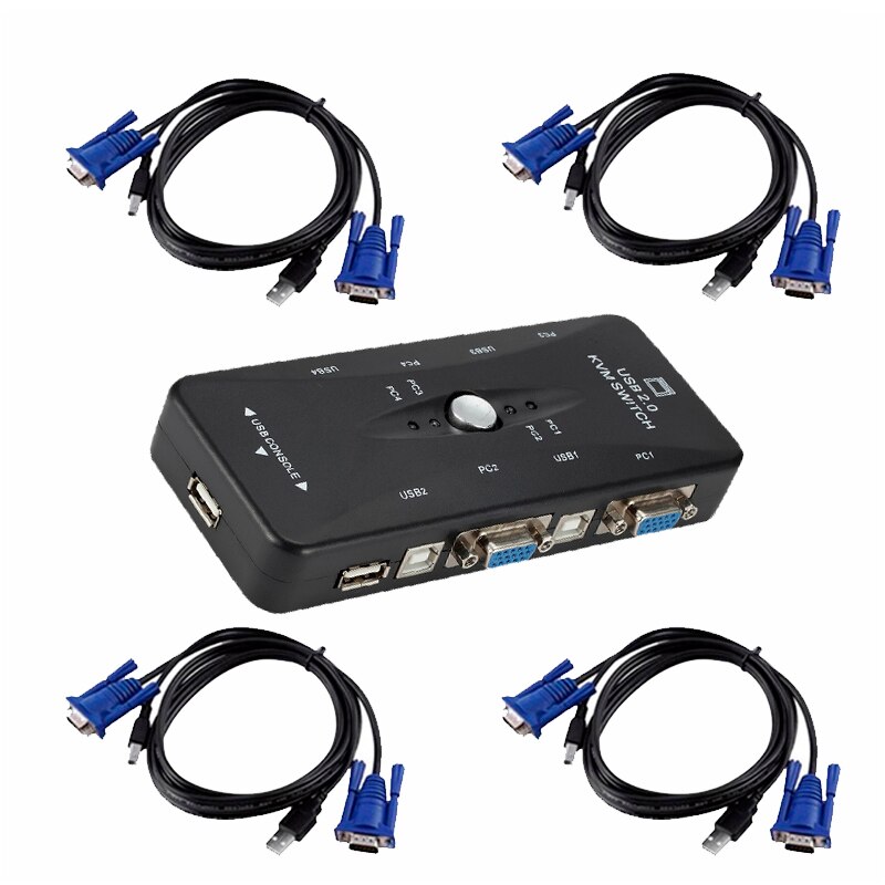 VGA 4 Port USB2.0 KVM Switch Box 200MHz 1920x1440 Switch Adapter For Keyboard VGA Monitor Mouse Printer Share Switcher: with 4 kvm cable