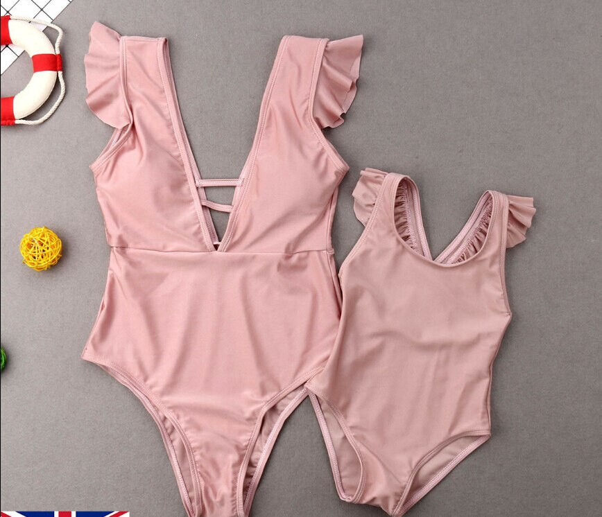 La familia de verano traje a juego madre hija Bikini Rosa volantes acolchado rosa con cuello en V traje de baño trajes de baño: 120