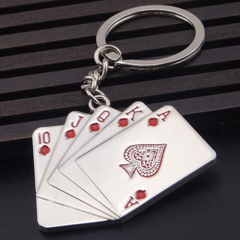 Sleutelhangers Voor Mannen Auto Tas Sleutelhanger Rvs Sieraden Straight Flush Texas Hold&#39;em Poker Speelkaarten Mode