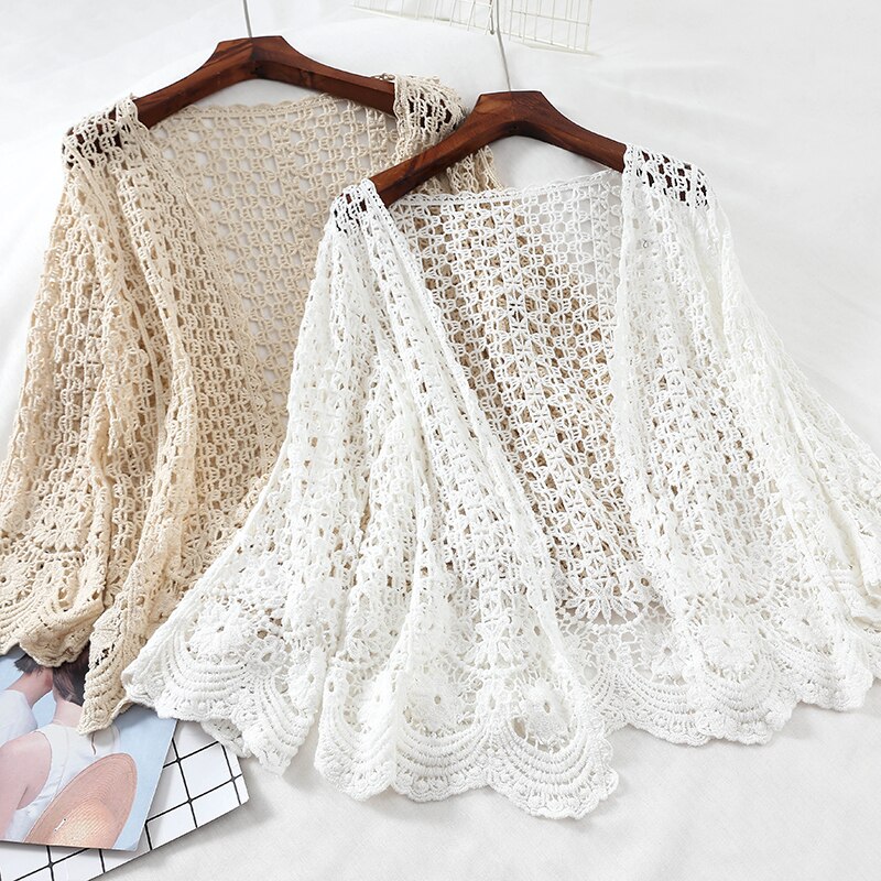 Åben blonde cardigan hæklet udhulet skuldertræk kvindelig afslappet hvid blomst blomster åben søm kvinder sweater løs strikket overtøj