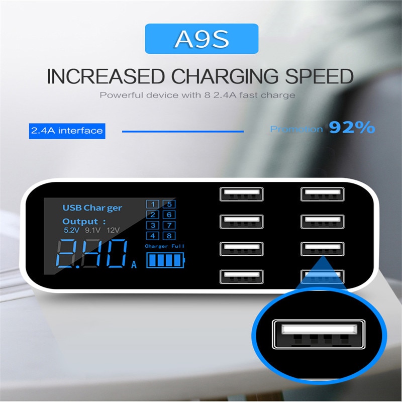 8 Multi-Port USB Adapter Desktop Wand Ladegerät Smart Schnell Ladestation 8USB Interface Digital Display Ladegerät