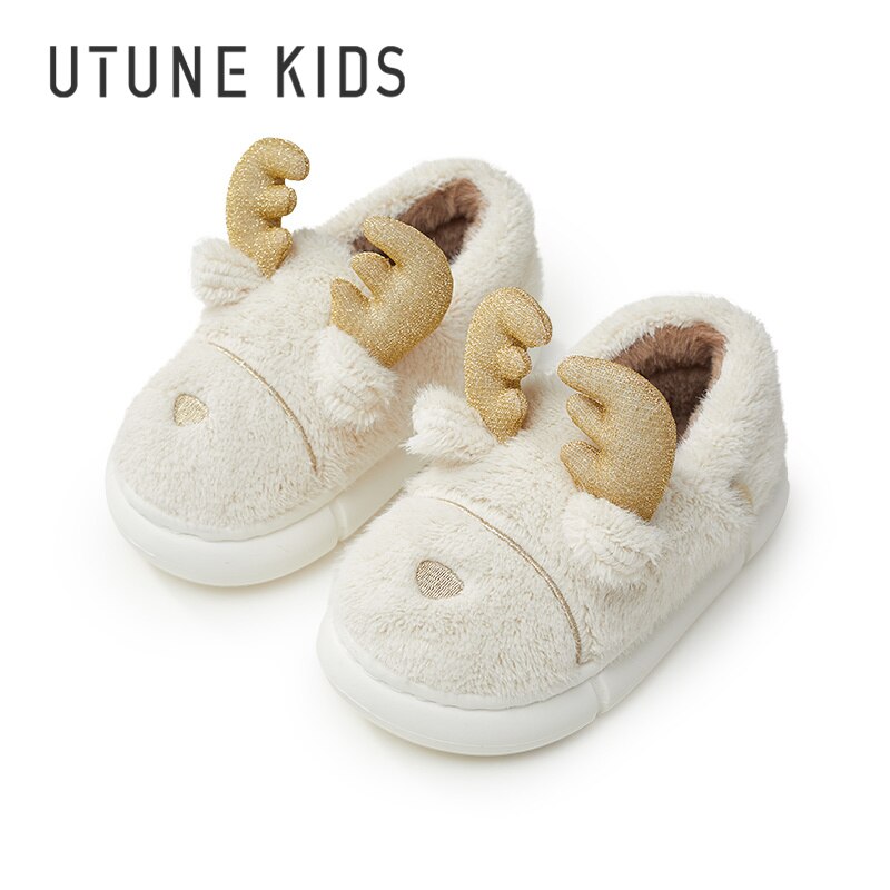 UTUNE Dzieci łoś Popatrz boże narodzenie zimowe dziecięce klapki futrzane klapki z motywem kreskówkowym 3 dziewczęce śliczne kapcie domowe EVA chłopcy śmieszne buty wewnętrzne: biały / 200mm(Fit 185-195mm)