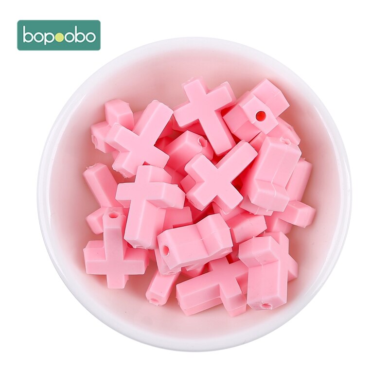 Bopoobo Silicone Cartoon Cross Baby Teether 20pc Silicone Bead BPA Free Baby Teething Beads Silicone Baby Food Grade Teether: Candy pink cross