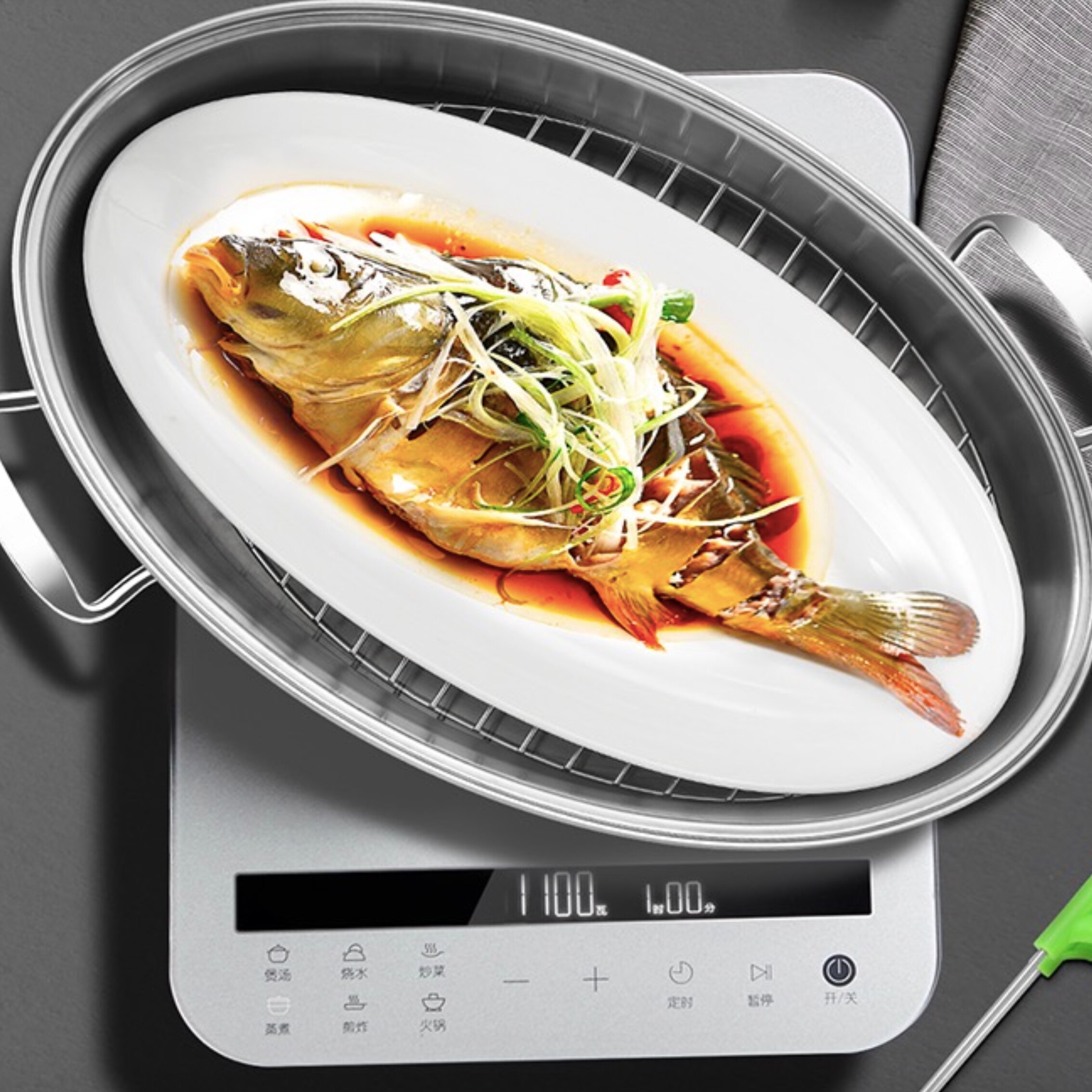 B0091 Fish steaming pot large domestic thickened stainless steel 38cm one layer elliptical fish steamer induction cooker seafood