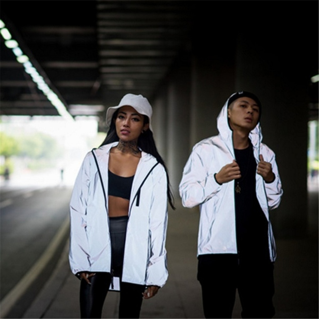 Kancoold fuld reflekterende jakke mænd / kvinder harajuku vindjakke jakker hætte hip-hop streetwear nat skinnende lynlås frakker
