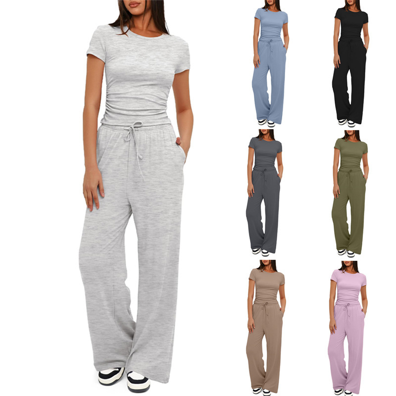 Conjunto de dos piezas para mujer, camiseta y pantalones de pierna ancha, manga corta, cintura alta, sólido, multicolor, deportivo, Yoga, chándal informal