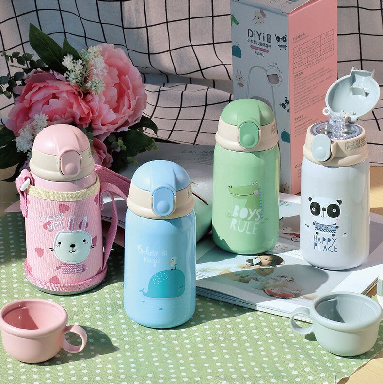 Taza de alimentación de dinosaurio para bebé, termo de leche de acero inoxidable para niños, botella de agua aislada, taza térmica con fugas, 360ml
