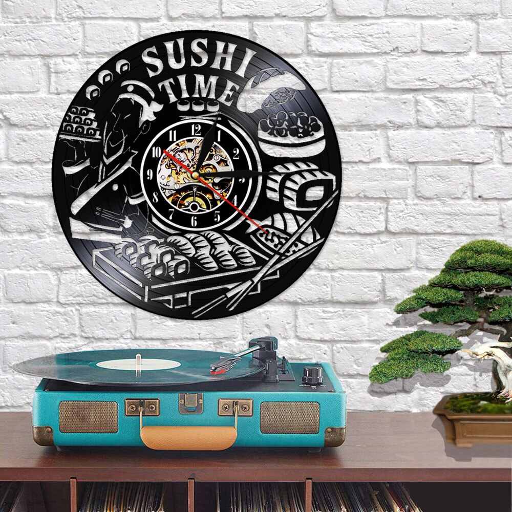 Sushi Time Antique Wall Clock Japanese Dish Foodie Vinyl Record Clock Sashimi Asian Restaurant Wall Roll Clock Sign Gourmet