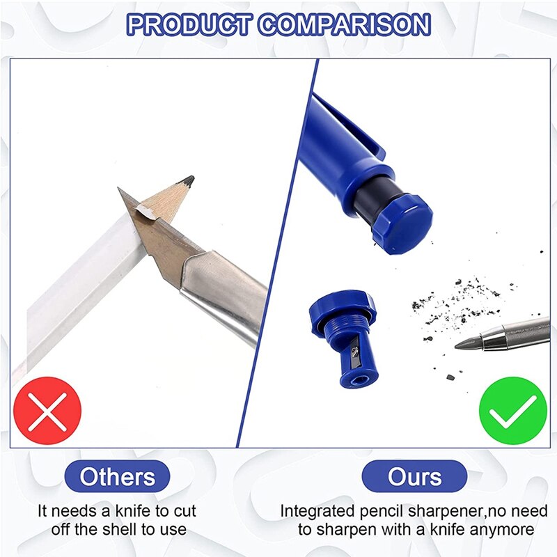 Solid Carpenter Pencil Set Leads Built-in Sharpener Deep Hole Mechanical Marker Marking Pen Tool