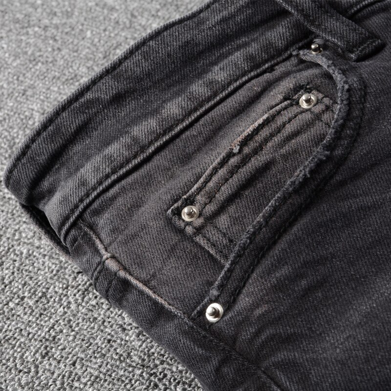 jeans da uomo alto strada la moda jeans strappati sottile in forma elasticizzati neri retrò per uomo pantaloni punk in denim anca-salto firmati patchwork