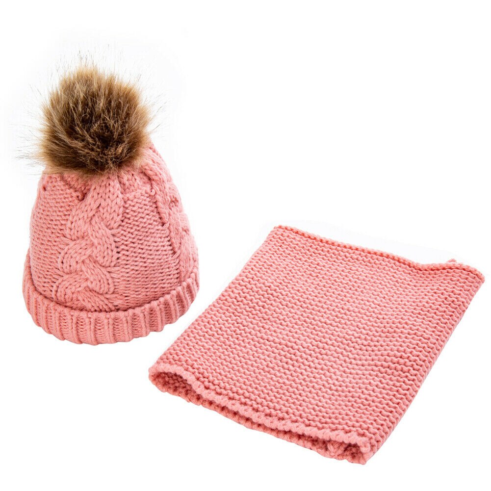 Børn børn dreng piger pom hat vinter varm hæklet strik bobble beanie cap + tørklæde sæt: Lyserød