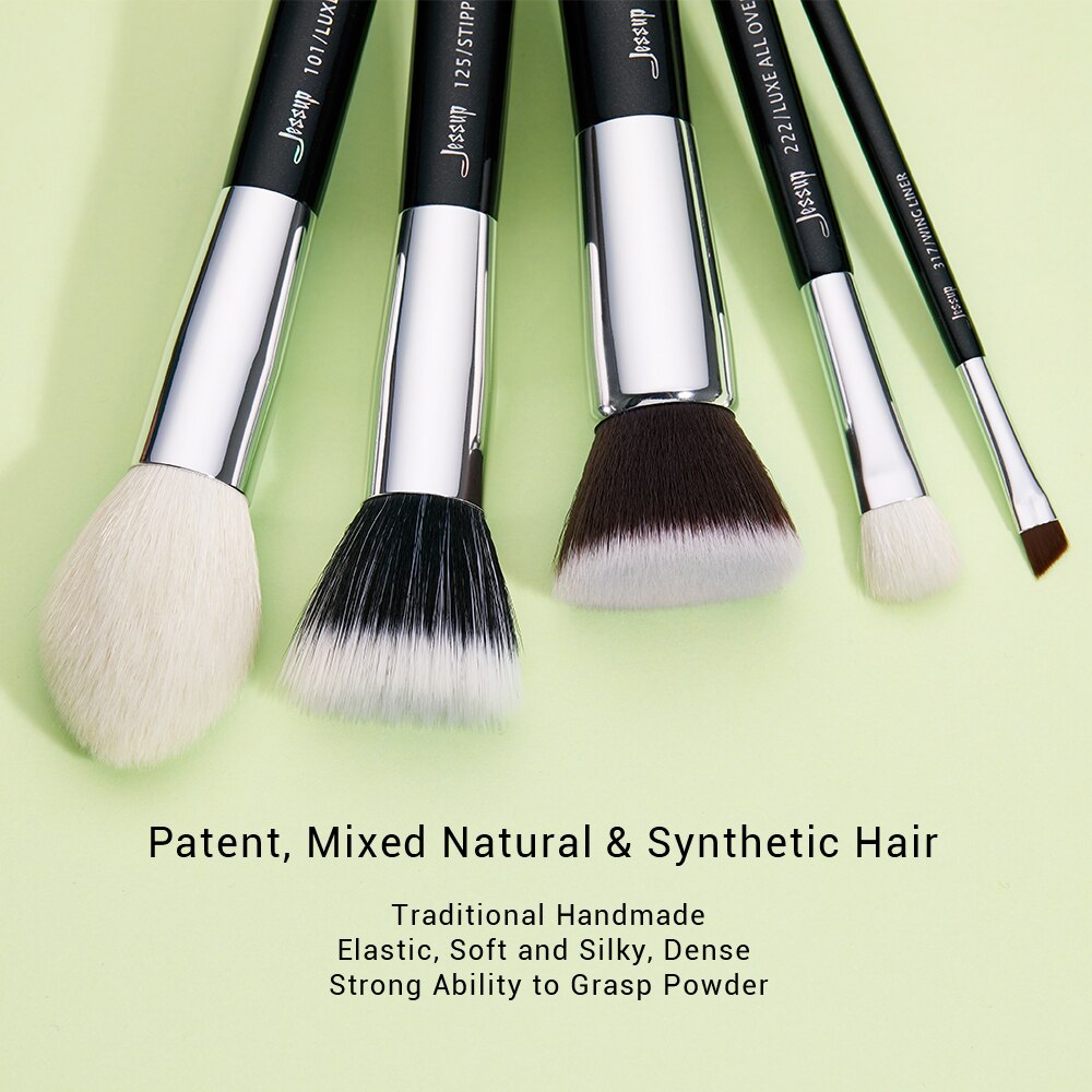 Jessup sort/sølv makeup børster sæt make up børste værktøj kit foundation pudder børster naturligt-syntetisk hår