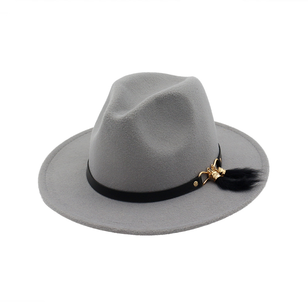 HanXi Winter Women Hat Wool Fedoras Felt Hat Lady Classical Flat Brim Cap PU Leather Band Metal Buckle